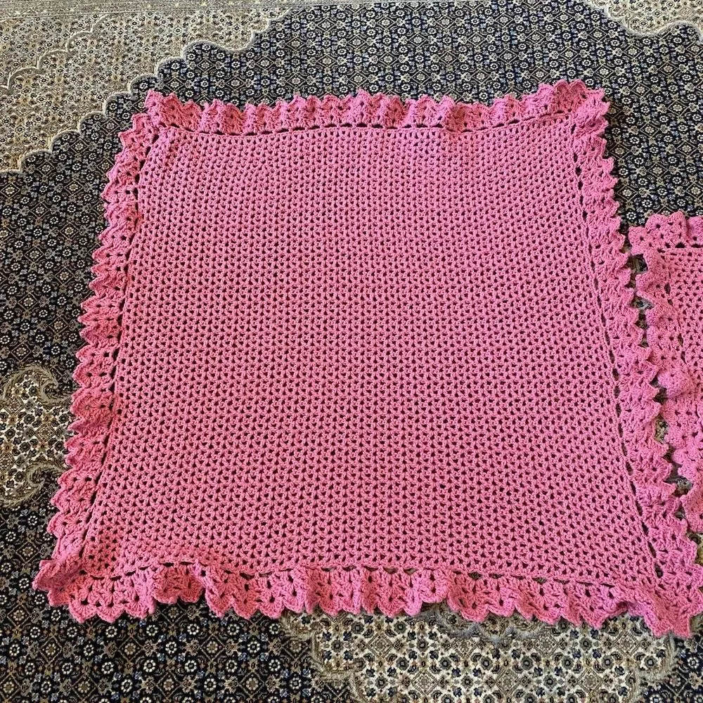 Handmade Crochet Baby Blanket Pink & White 35” X 33” & Shoulder Crochet Burp Pad